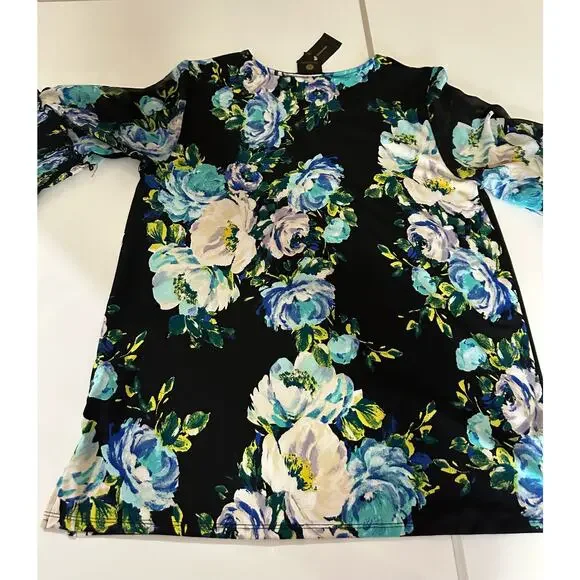 NWT New Women L JM Collection Floral Black 1/2 bell sleeve blouse tunic top - Picture 11 of 12